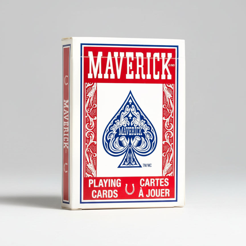 Maverick playing cards packaging with red and blue design