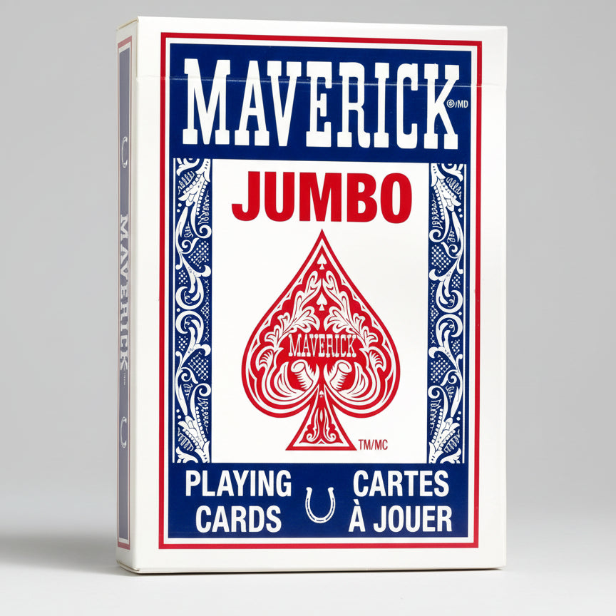 Maverick Jumbo playing cards packaging with red and blue design.