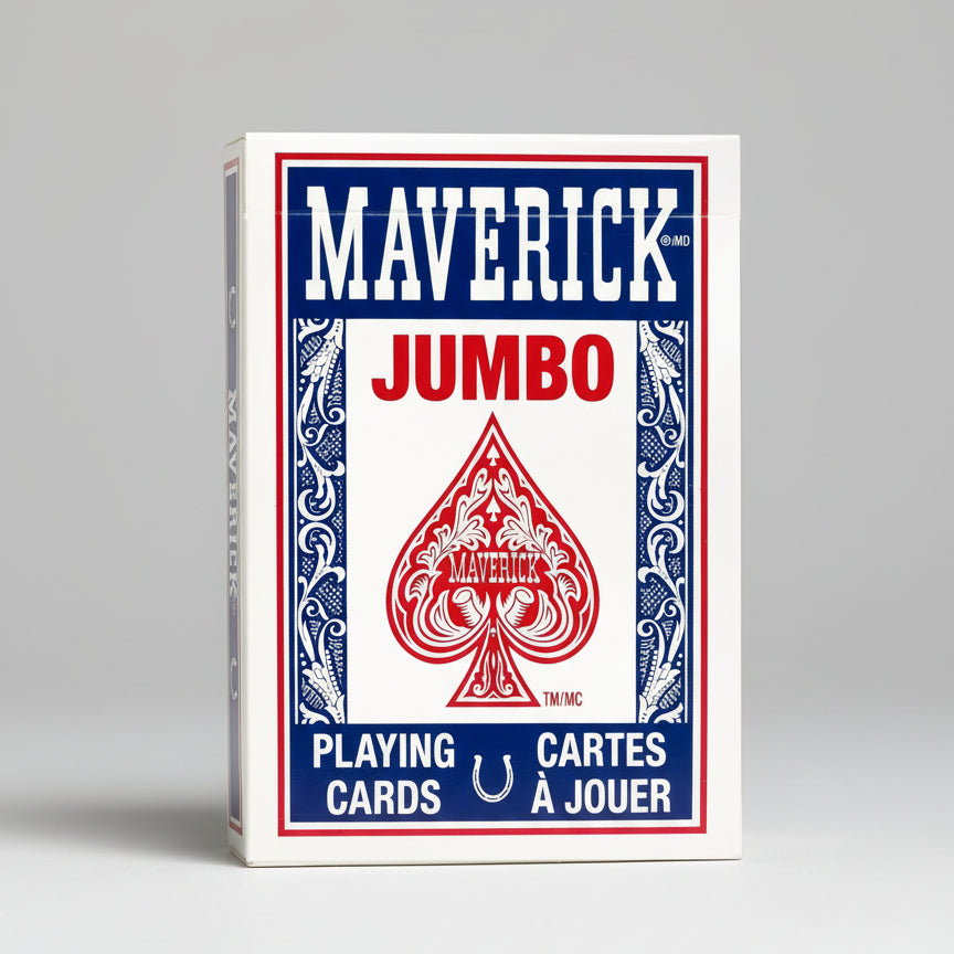 Maverick Jumbo playing cards packaging with red and blue design.