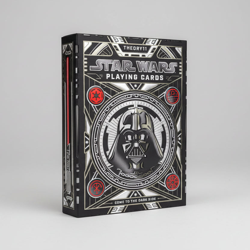 Star Wars playing cards with Darth Vader design on a black and silver box.