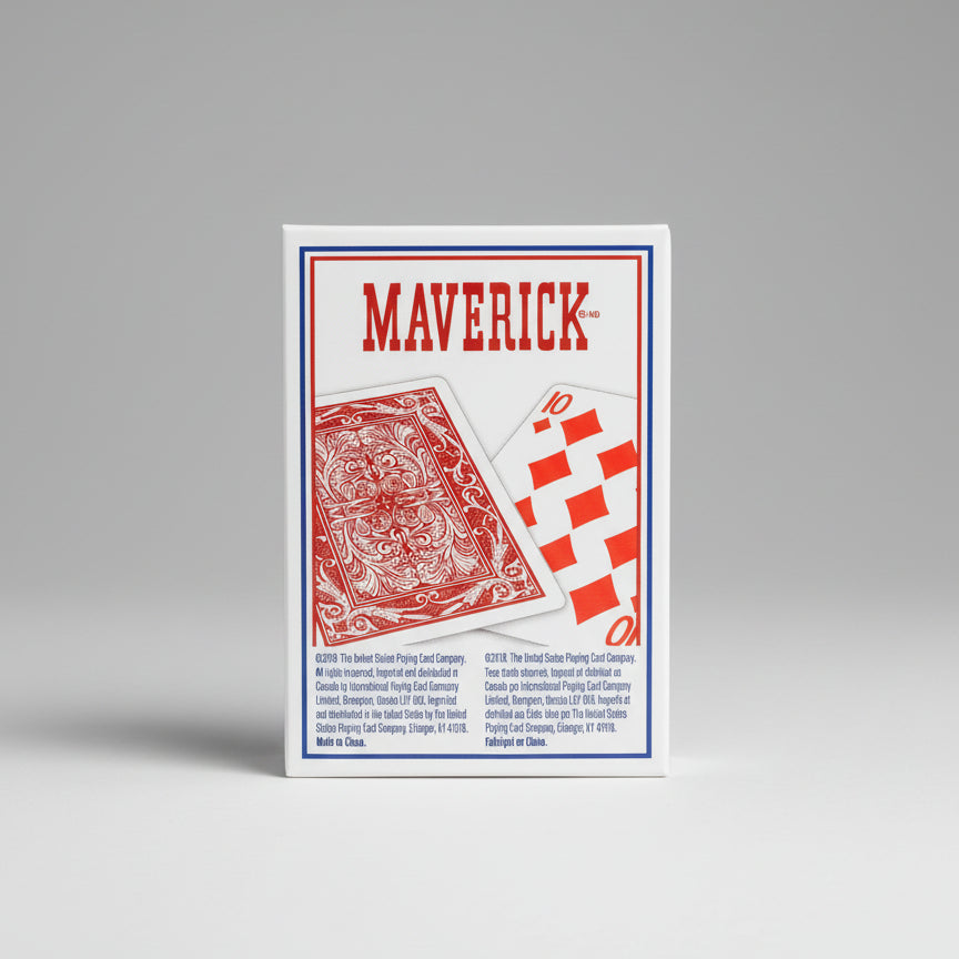 Maverick playing cards packaging with red and white design