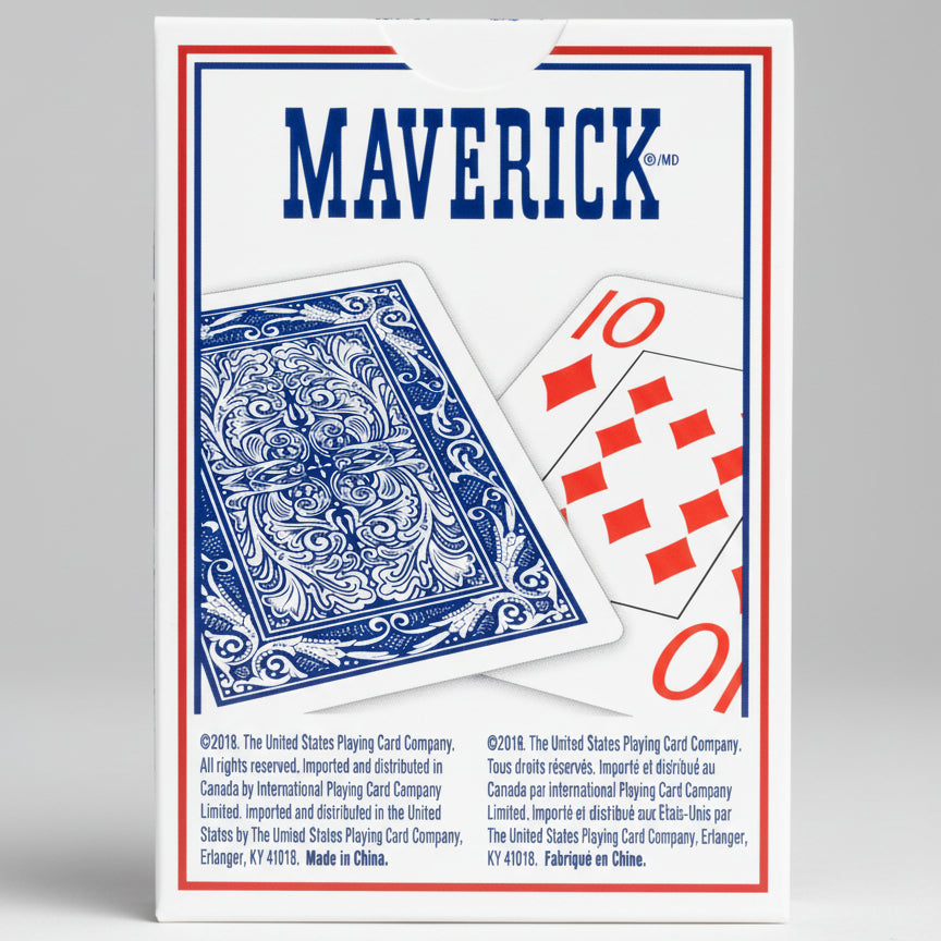 Maverick playing cards with a blue card featuring a king and a red card with the number 10 on a white background.
