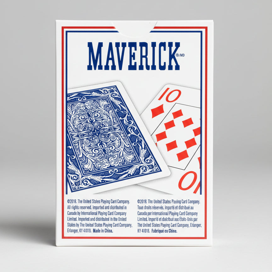 Maverick playing cards with a blue card featuring a king and a red card with the number 10 on a white background.