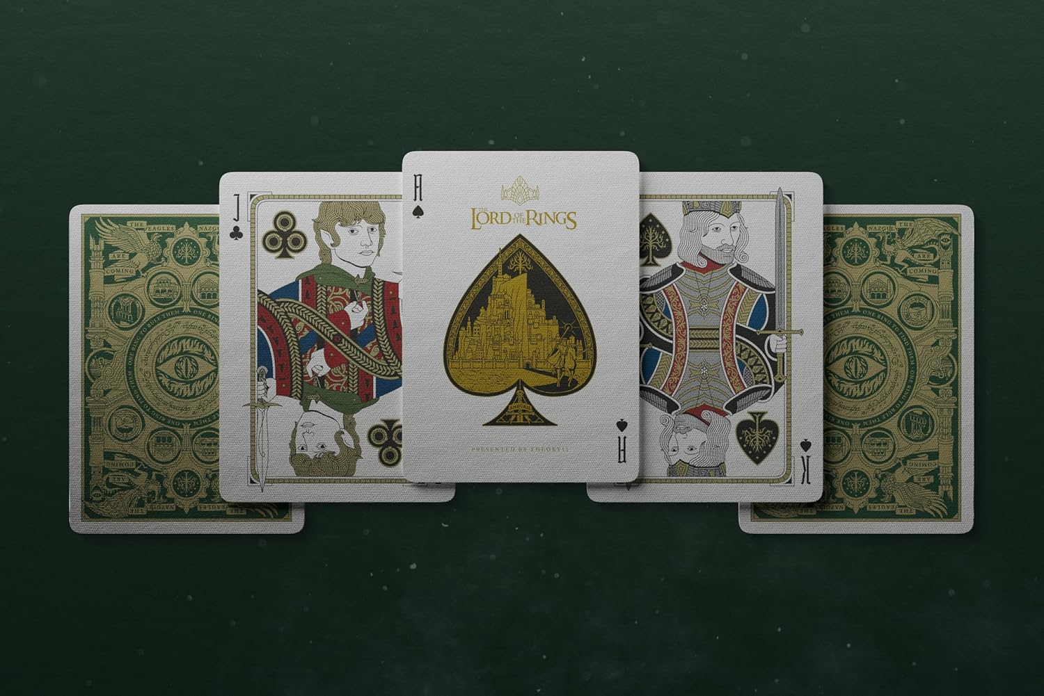 Set of playing cards with 'The Lord of the Rings' design on a dark background