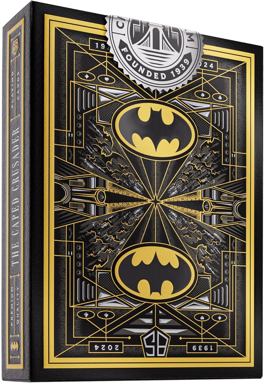 Batman logo on a black and gold book cover with 'The Caped Crusader' text.