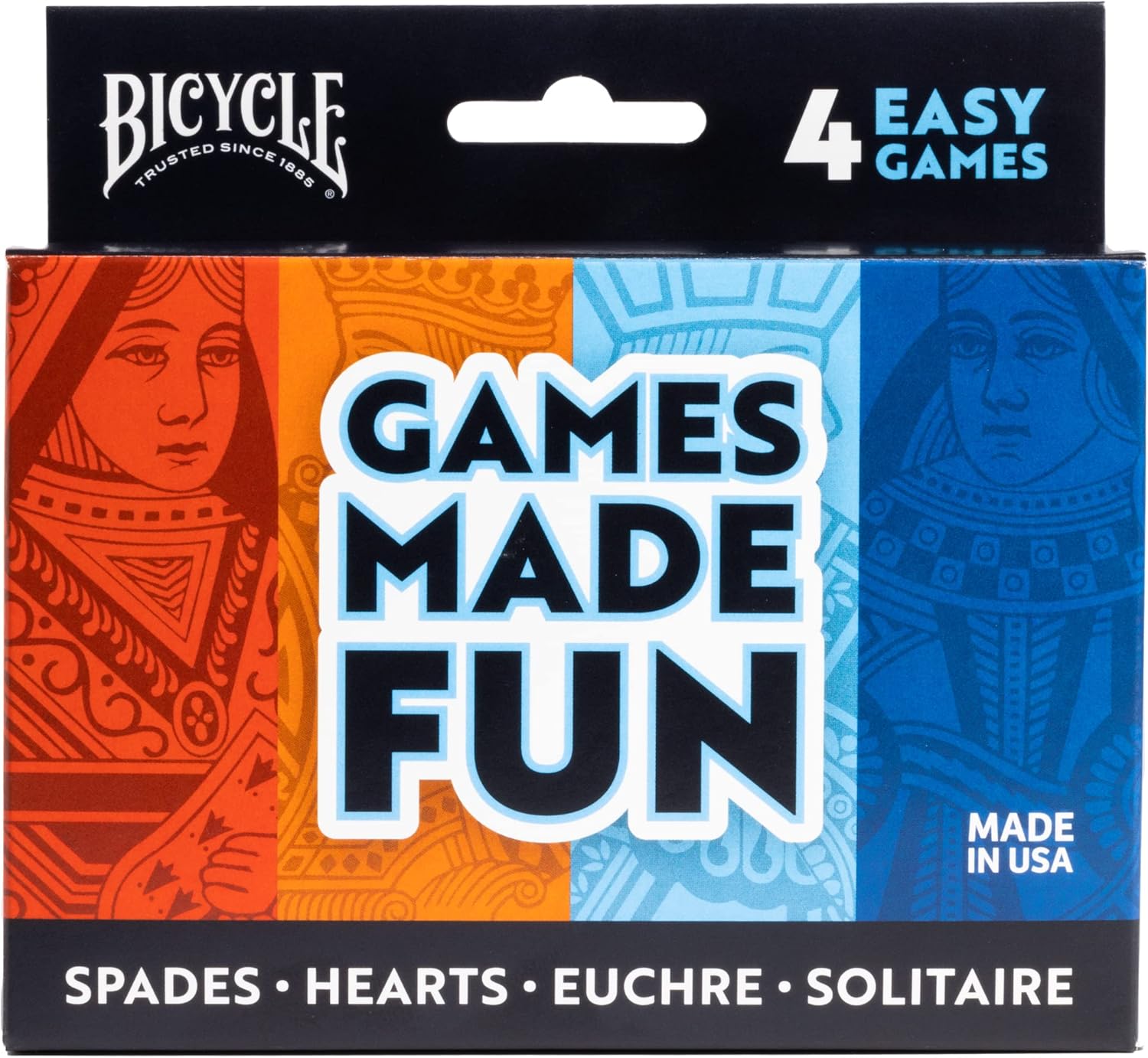 Packaging of Bicycle card games with colorful design and text.