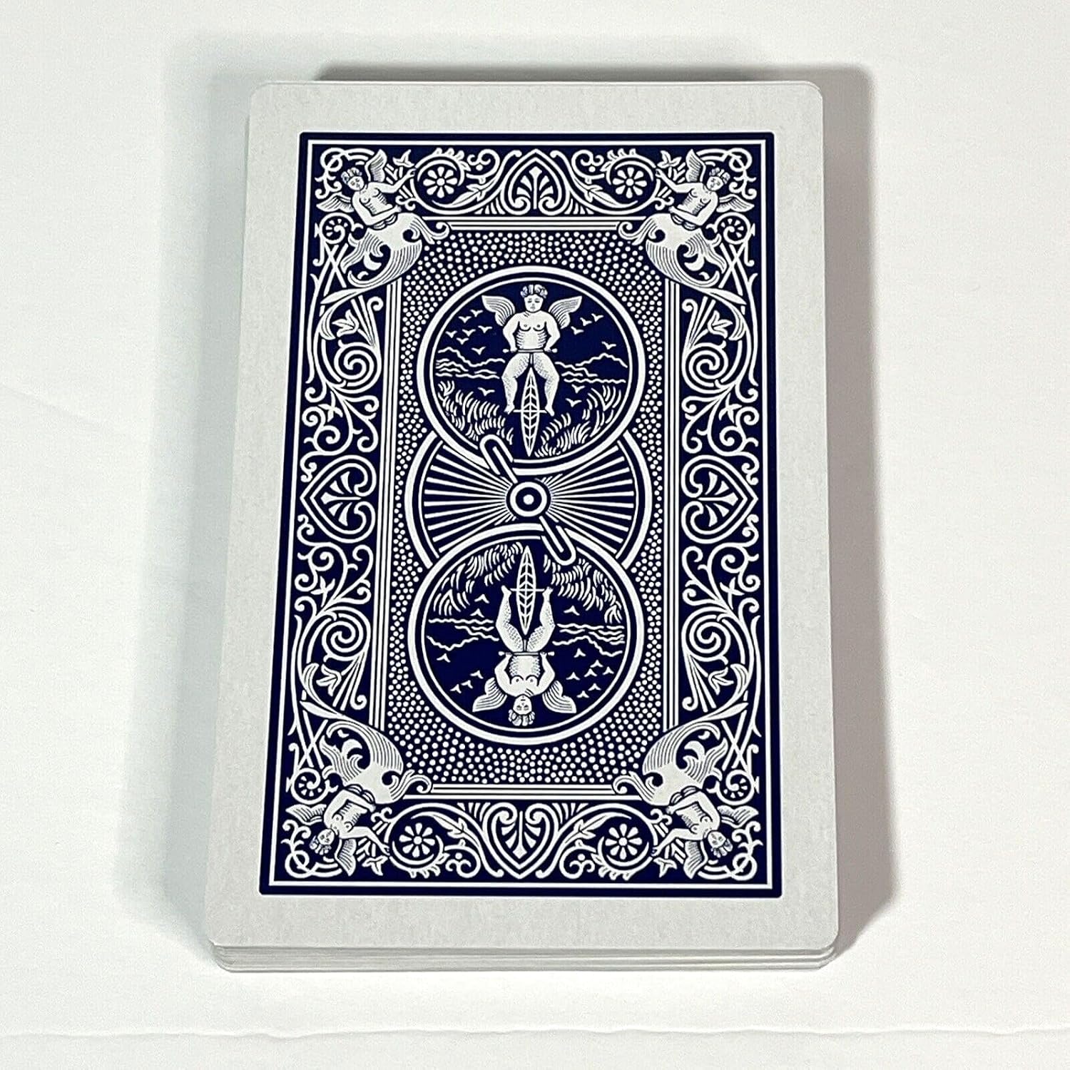 A deck of Bicycle Big Box playing cards with a classic blue and white ornate baroque-style back design, photographed from directly above on a white background.