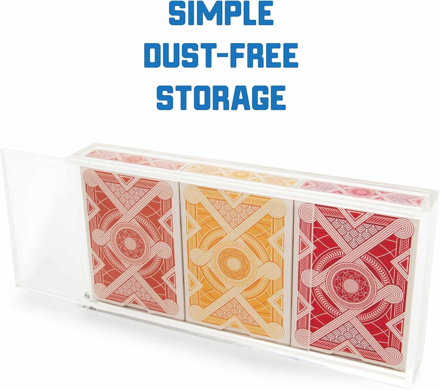Cardboard packaging with playing cards inside, labeled 'Simple Dust-Free Storage'.