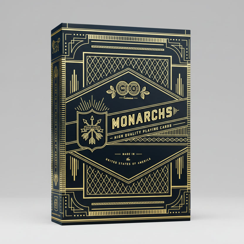 Monarchs playing cards packaging with gold and blue design
