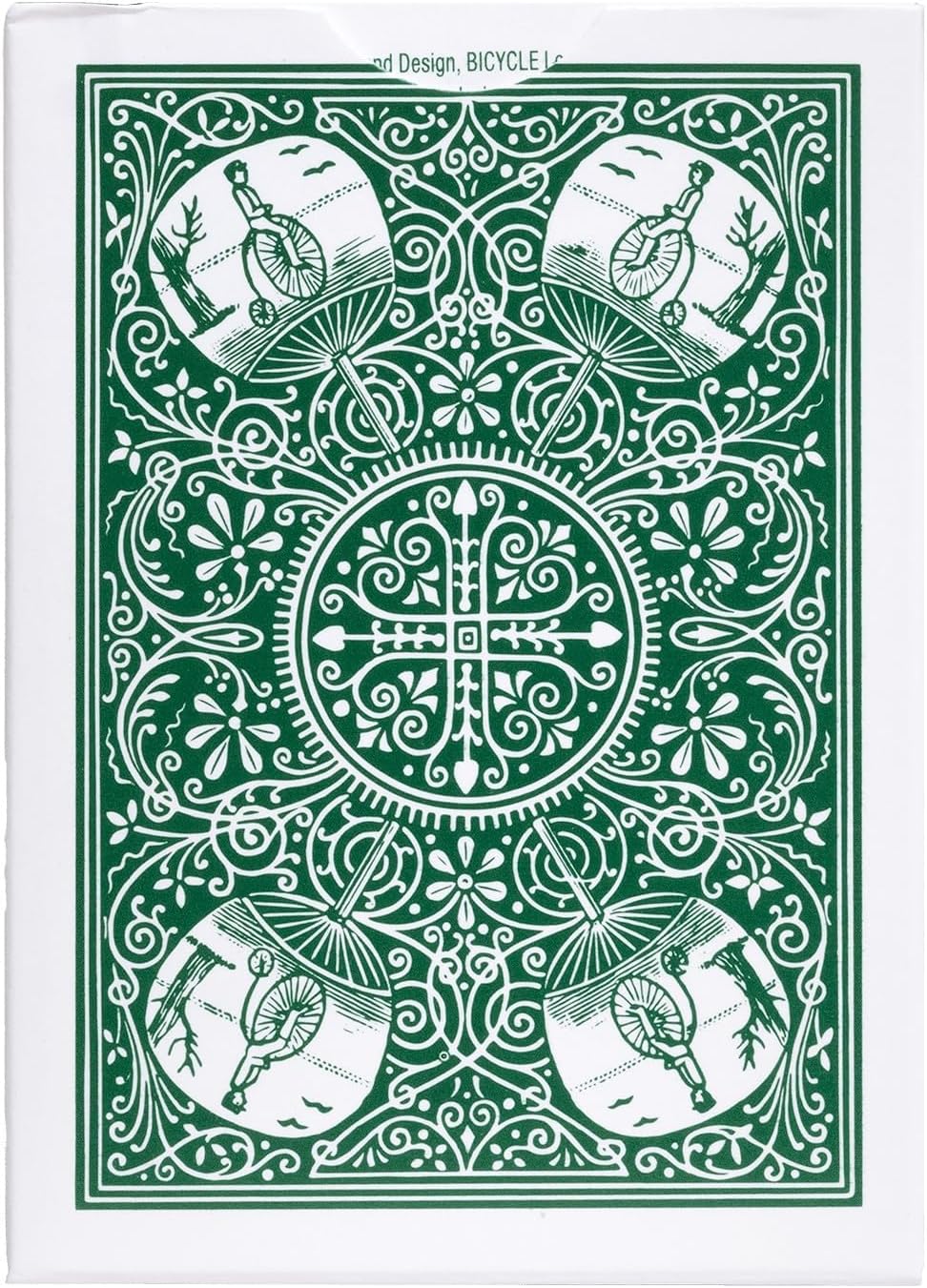 Bicycle Old Fan Back 1885 green and white playing card deck with intricate designs on a white background