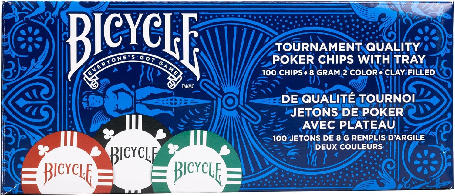Bicycle poker chips packaging with blue design and text