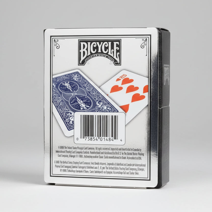 Bicycle playing cards packaging with two cards showing blue design.
