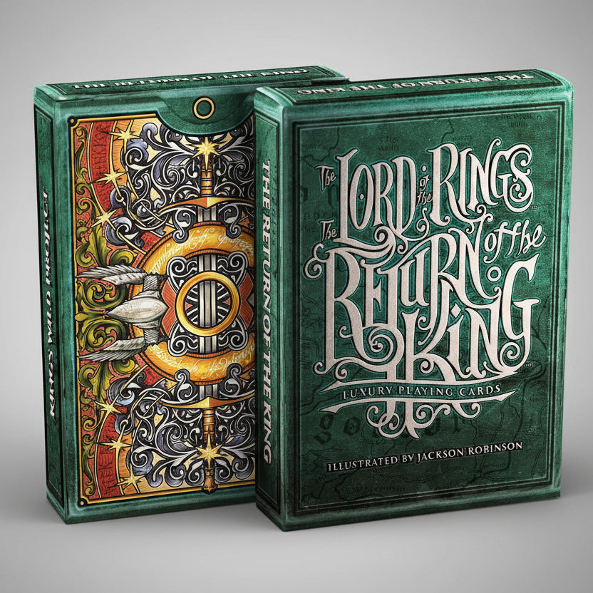 Front and back of Return of the King tuck boxes side by side, highlighting green map texture and ornate typography.”