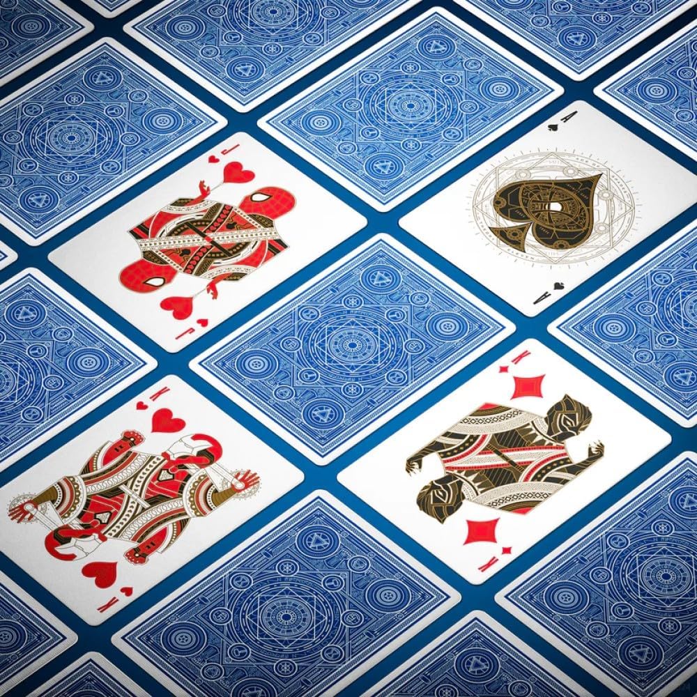 Pattern of playing cards with kings and queens on a blue and white background