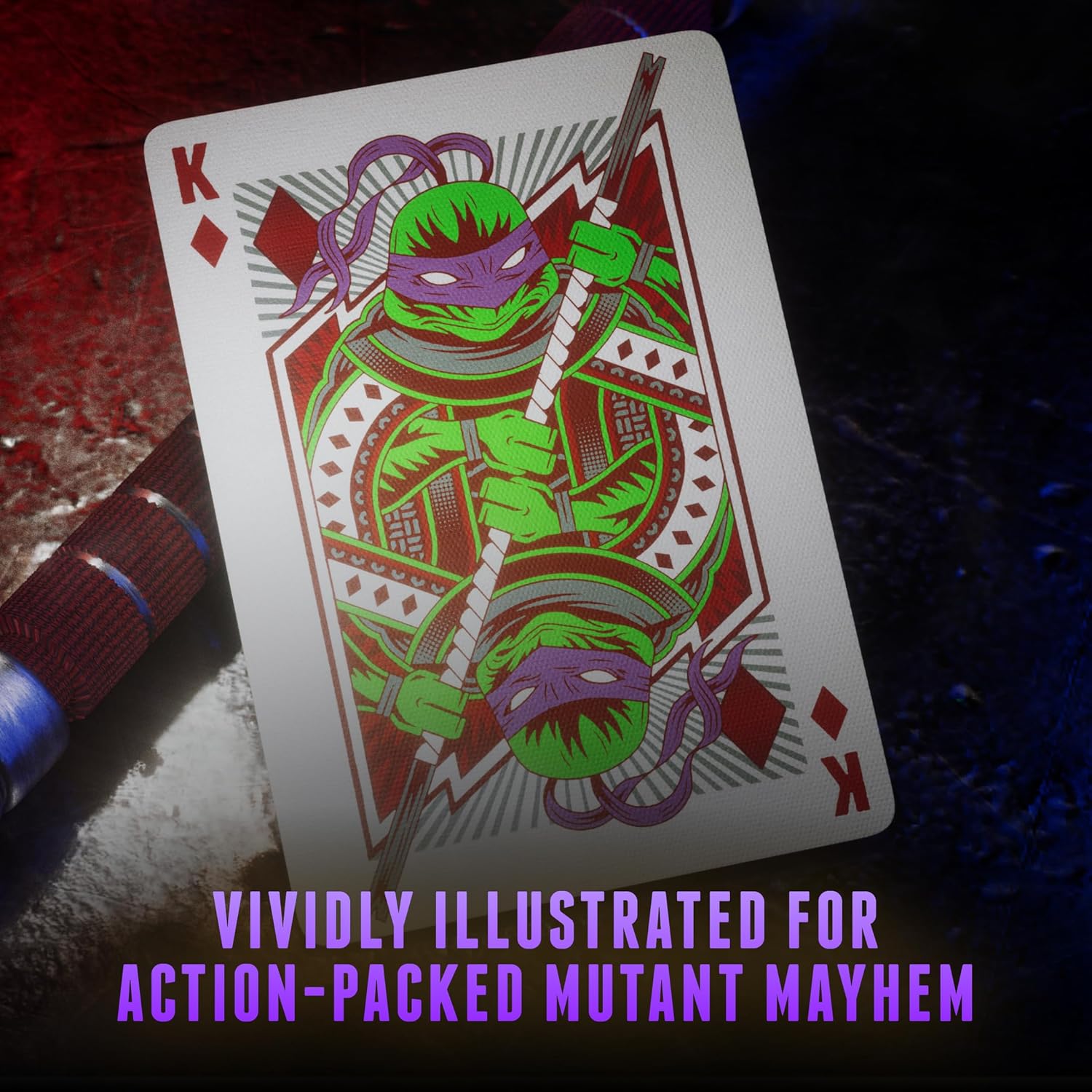 Teenage Mutant Ninja Turtles playing card with a green turtle character holding a sword, on a dark surface.