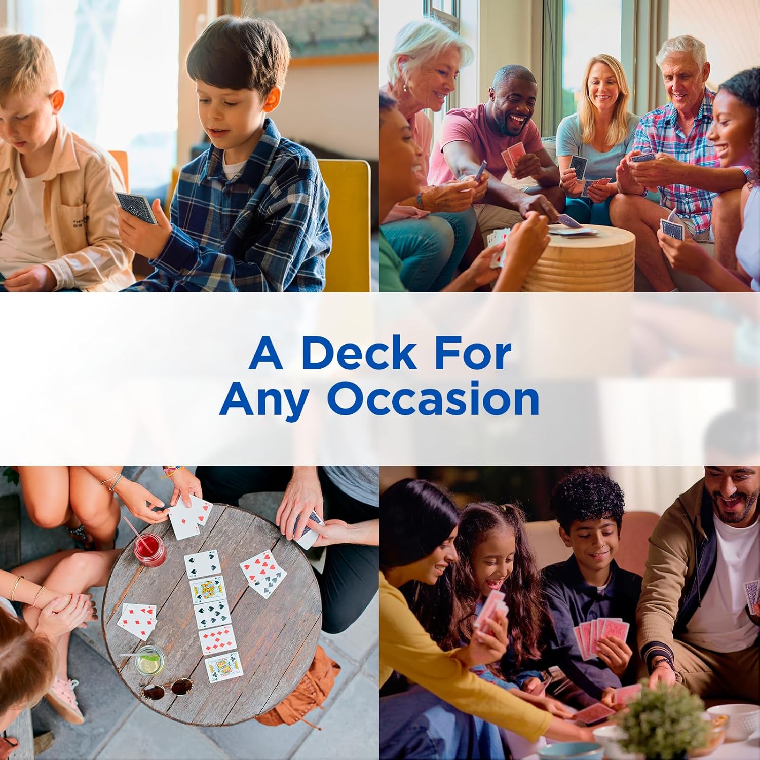 Collage of people playing cards with text 'A Deck For Any Occasion' on a white background.