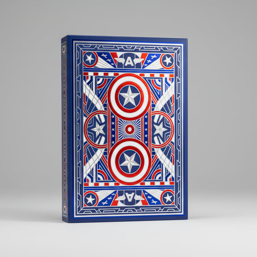 Close-up of Captain America deck back design with circular shields, stars, and wing motifs in red, white, and blue.