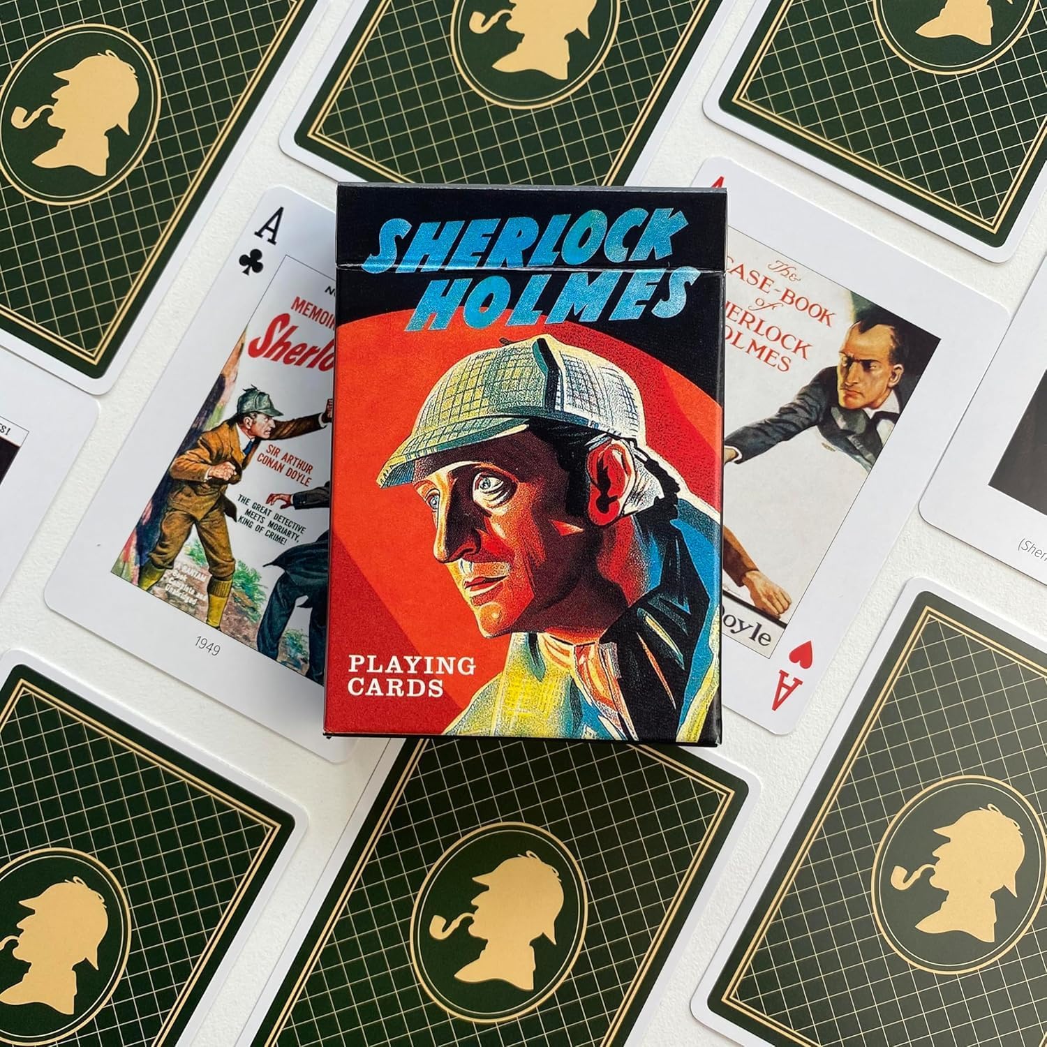 Piatnik Sherlock Holmes deck with vintage detective artwork and green backs
