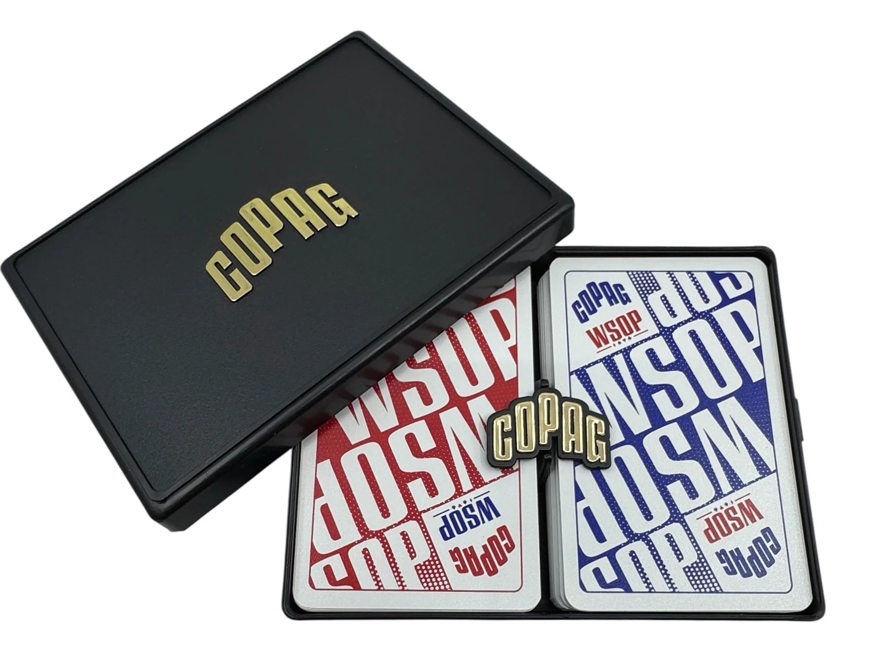 Copag WSOP 2025 Main Event bridge size regular index 100% plastic playing cards red and blue double deck set on a white background