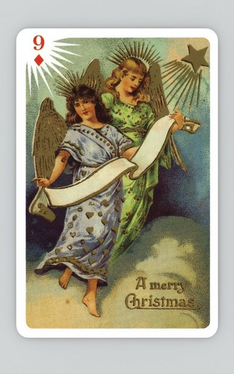 Playing card with two angelic figures holding a banner, labeled 'A merry Christmas'.