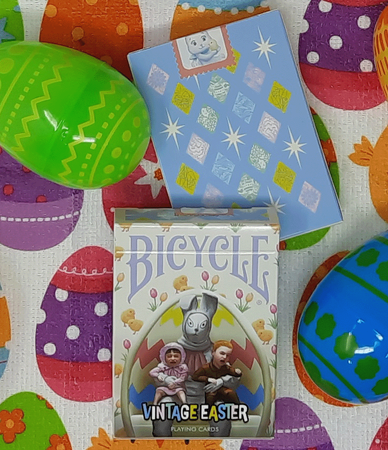 Bicycle Vintage Easter playing cards on a colorful easter egg background