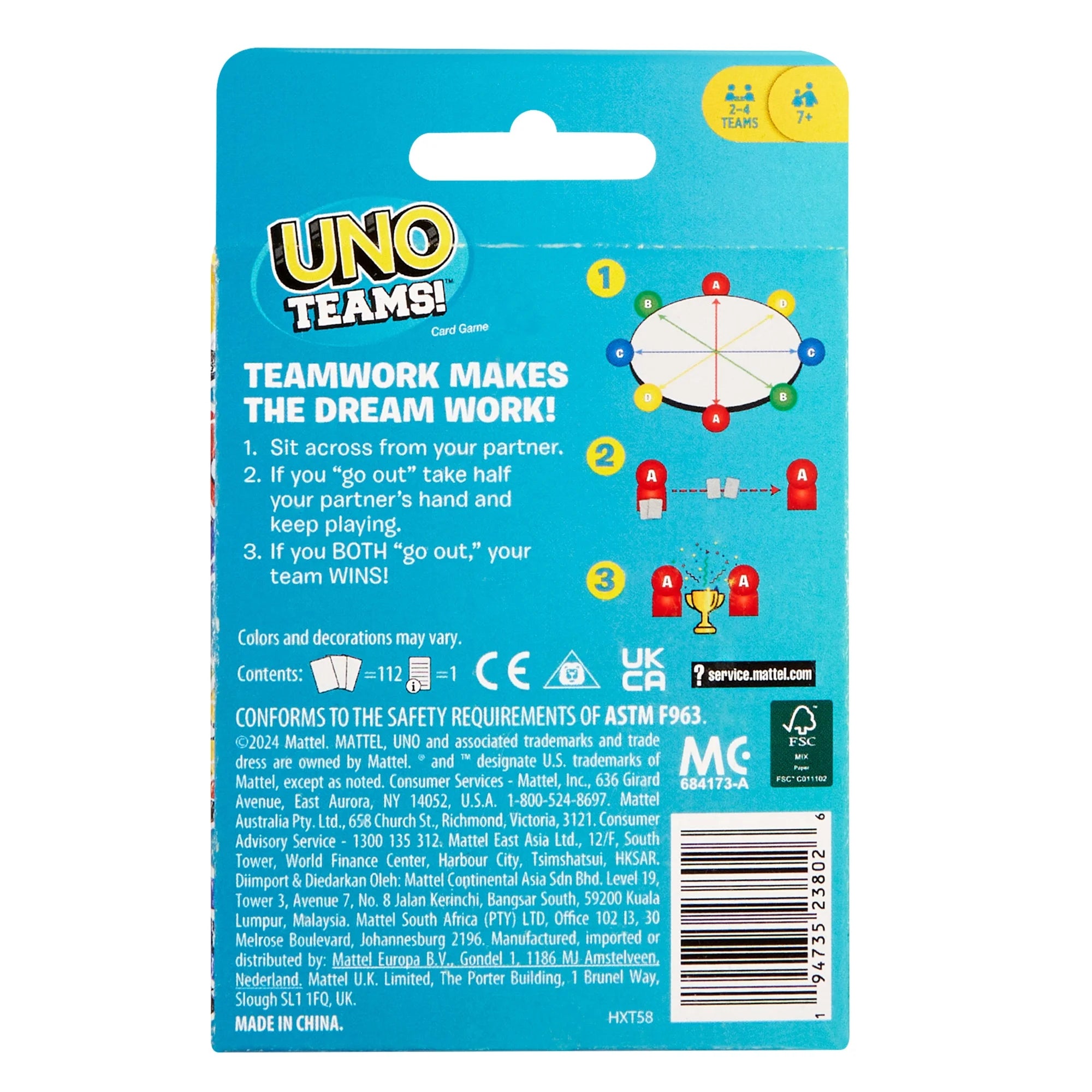 UNO Teams! card game packaging with blue background and colorful text