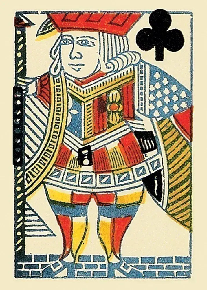 Card with a figure in armor and a club symbol