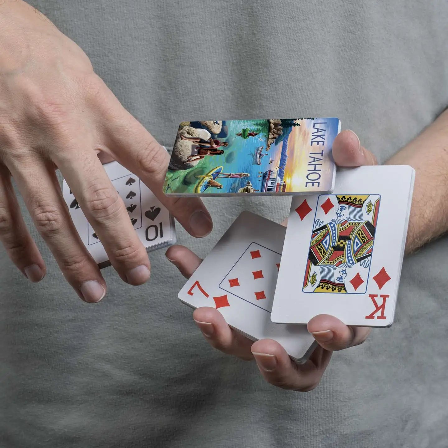 Lake Tahoe playing cards displayed in a cascading spring