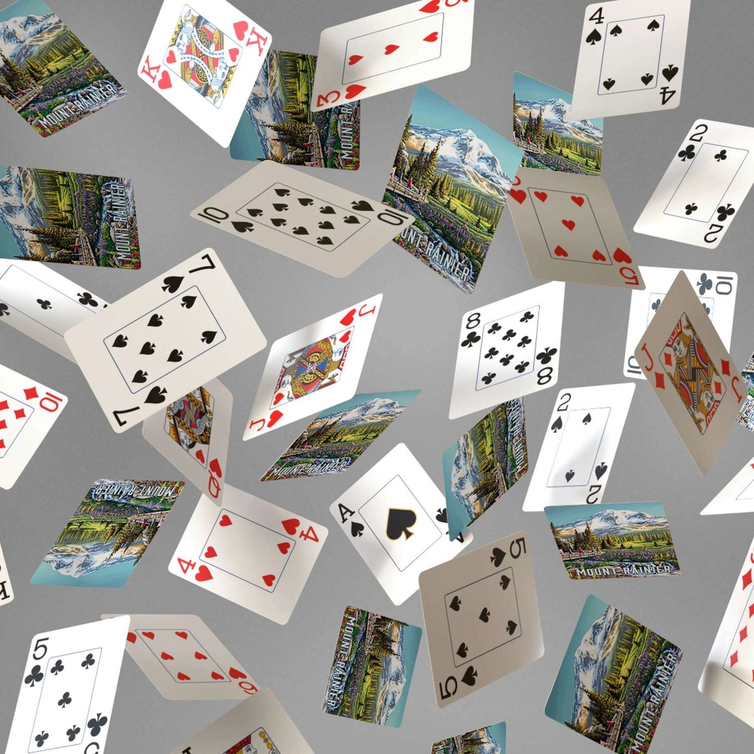 Mount Rainier Playing Cards by Boardwalk card backs in falling card display