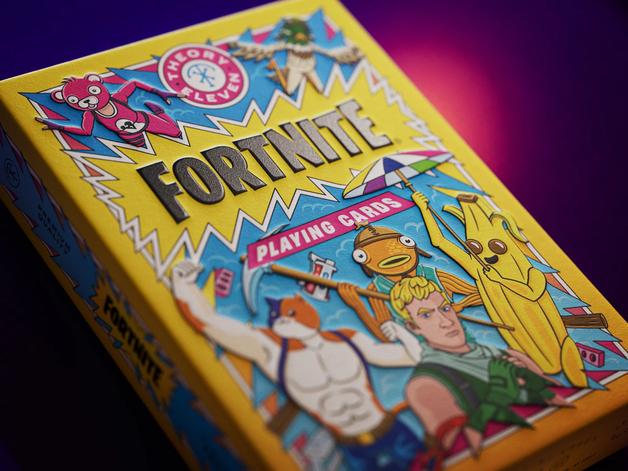 Fortnite playing cards box with colorful artwork on a purple background