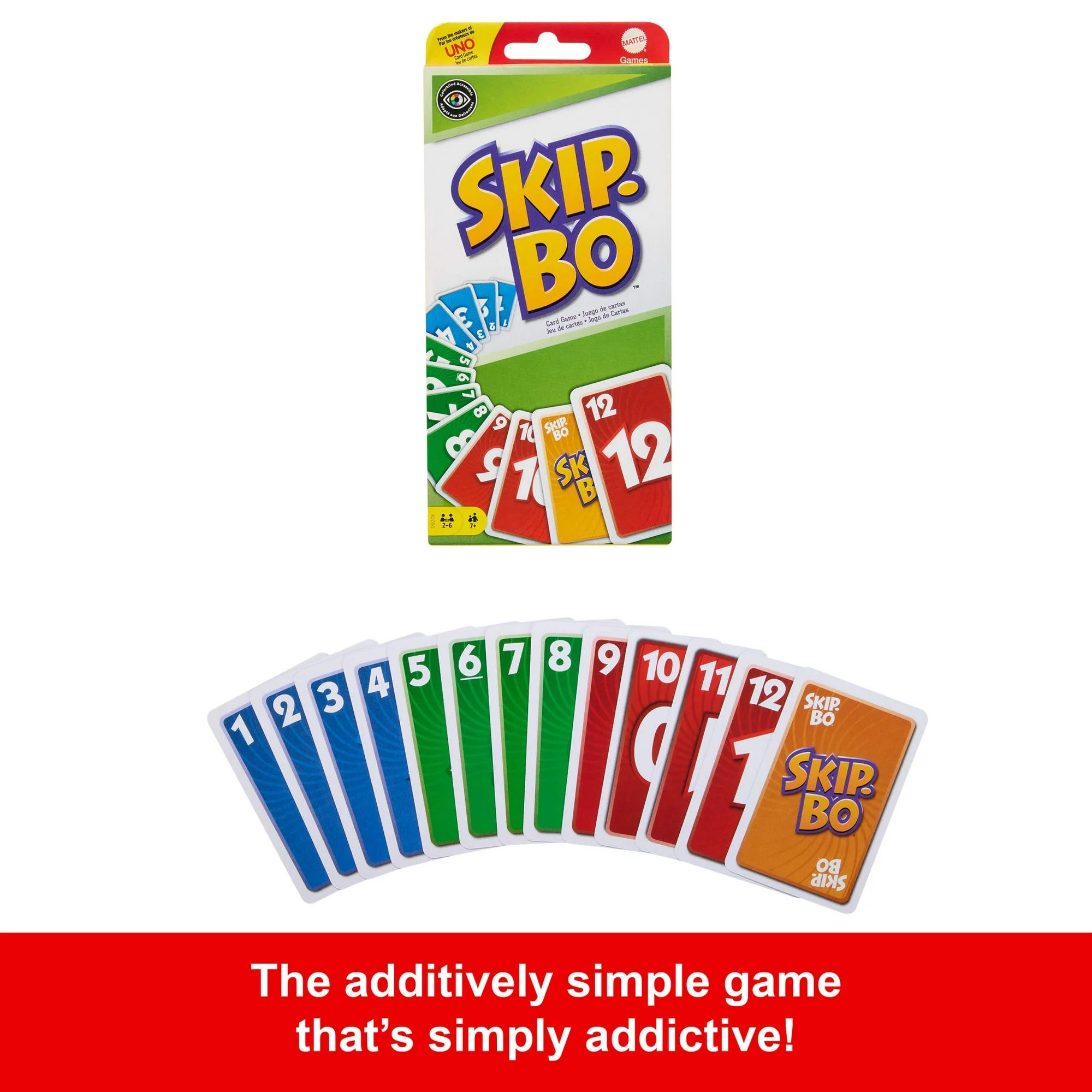 Skip Bo card game packaging with cards displayed on a white background