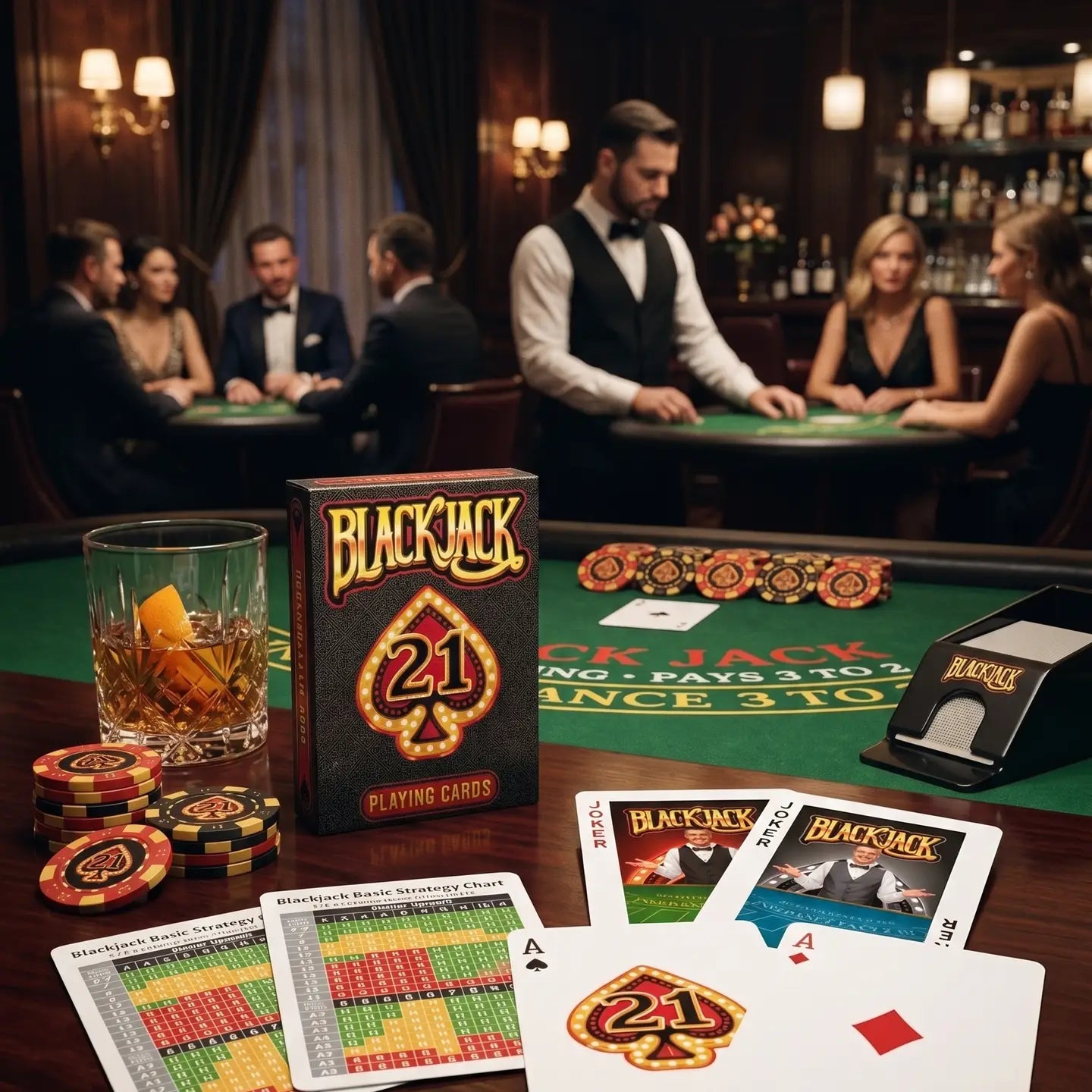 BlackJack 21 deck with custom cards and blackjack strategy charts in a casino-themed setting