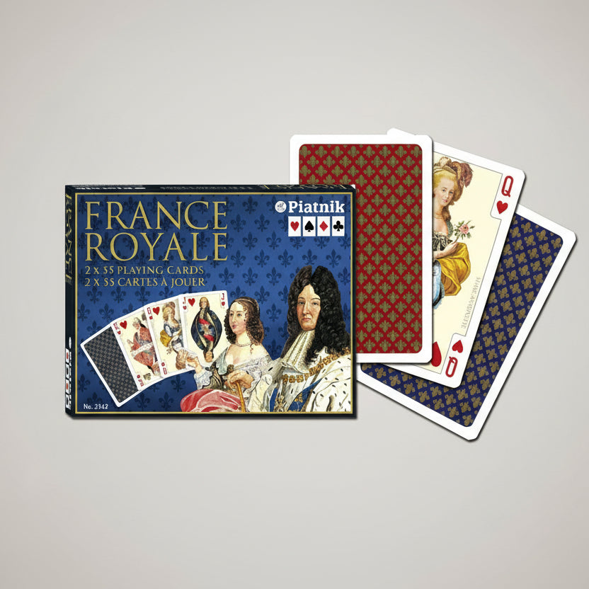 Playing cards with France Royale historical figures and Piatnik branding on a gray background