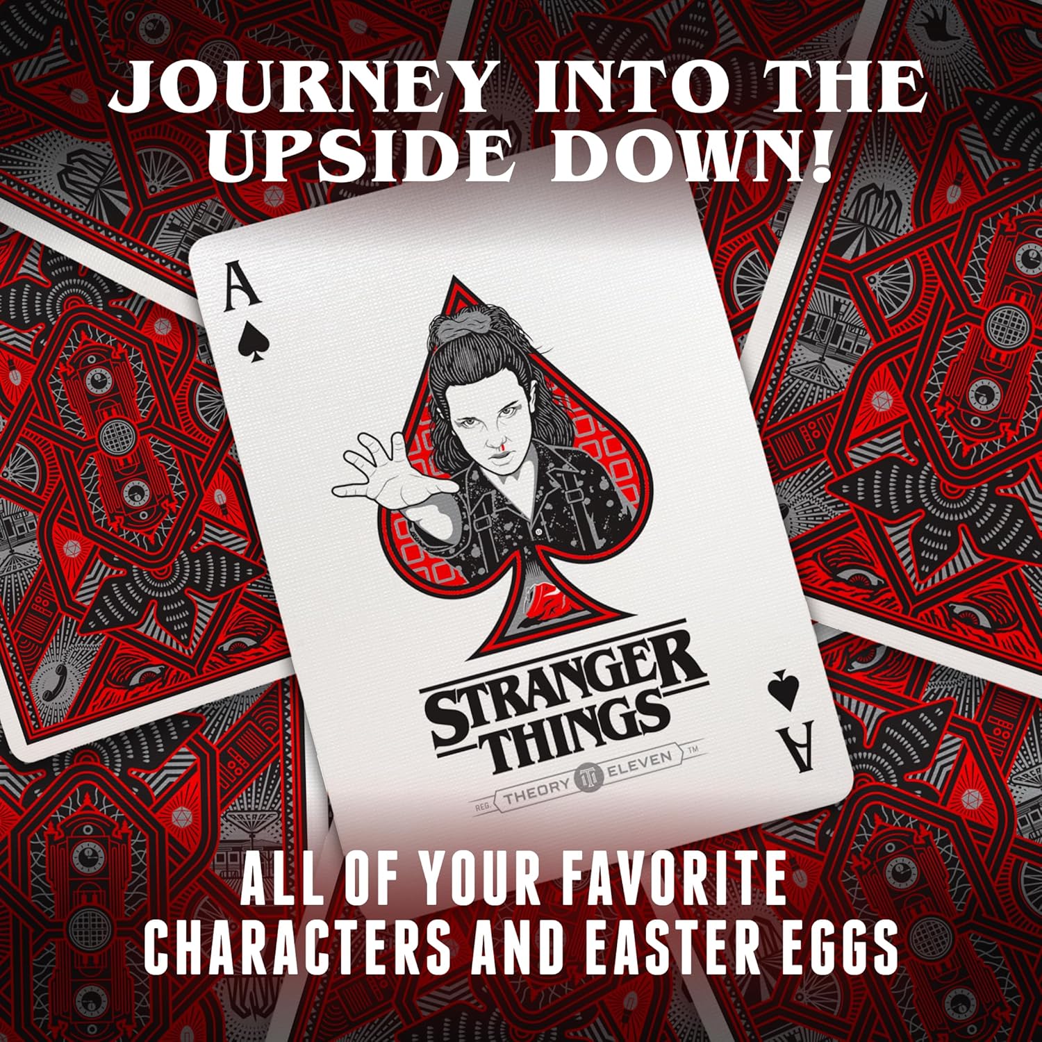 Playing card with 'Stranger Things' design on a red and black patterned background