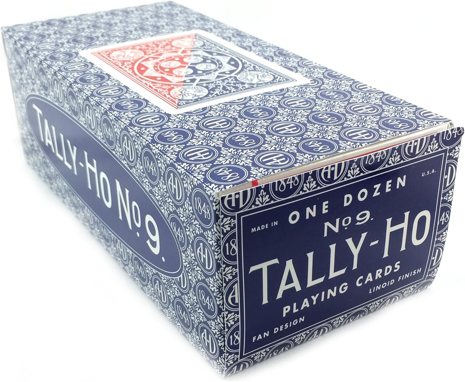 Brick box of Tally-Ho No. 9 playing cards with blue and white design.