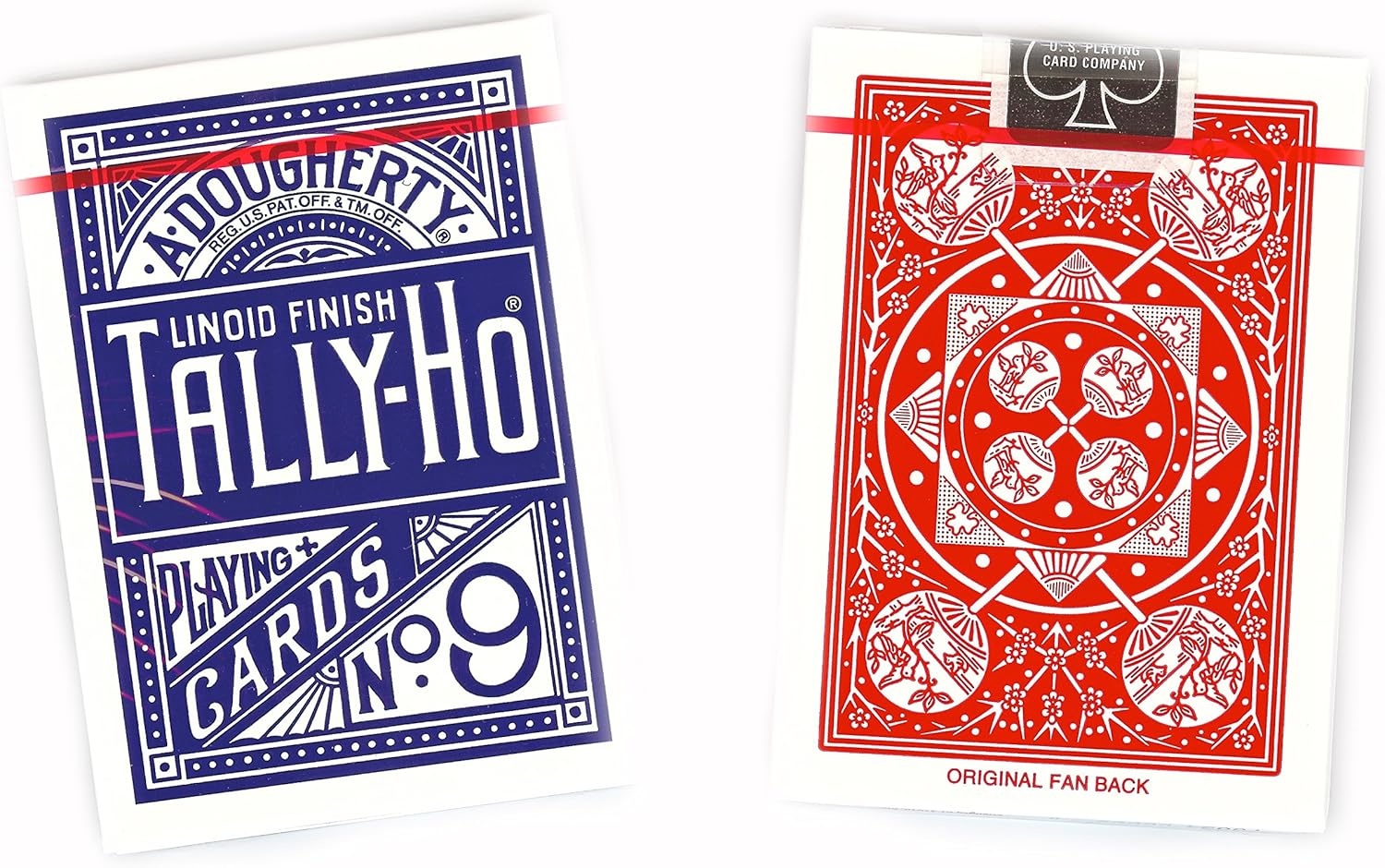 Two Tally Ho playing card decks from A Dougherty & Co. with blue and red designs.