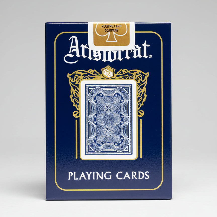 Aristocrat playing card packaging with blue and gold design