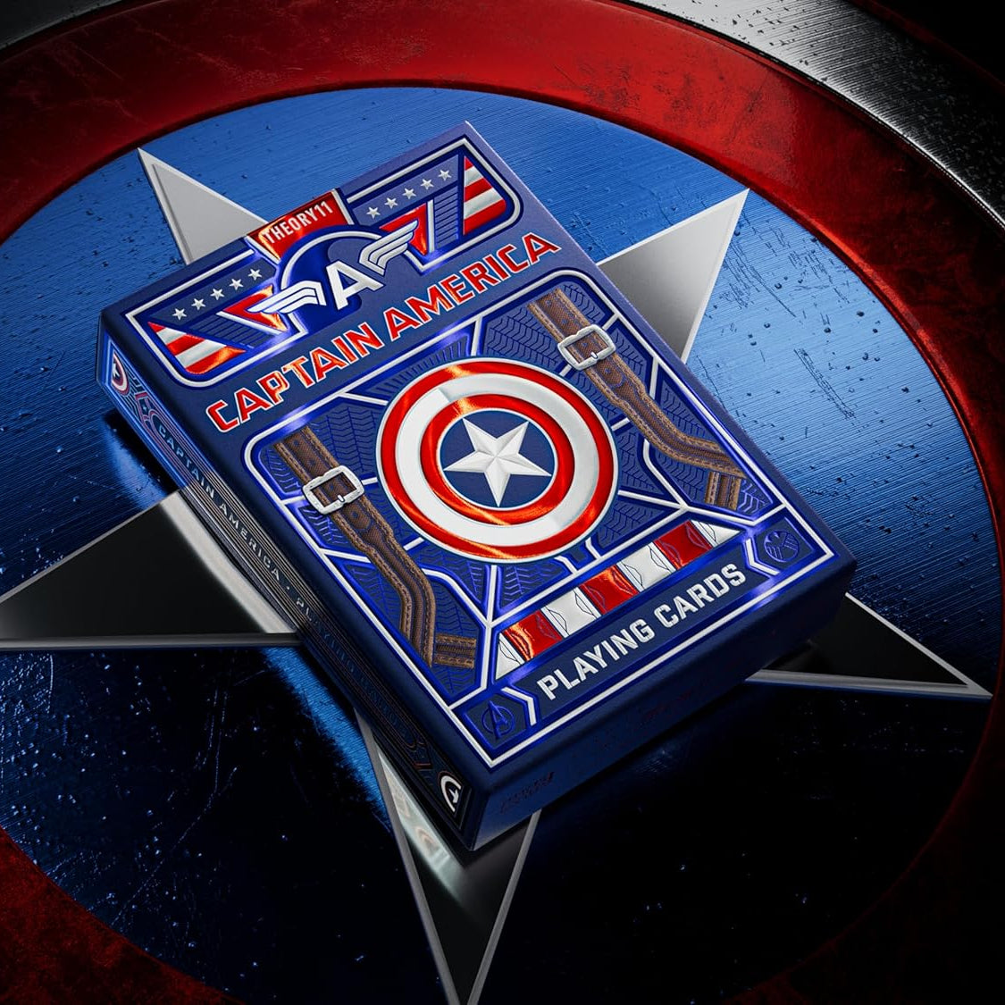 Top of Captain America tuck sealed with silver S.H.I.E.L.D. emblem and detailed border graphics.