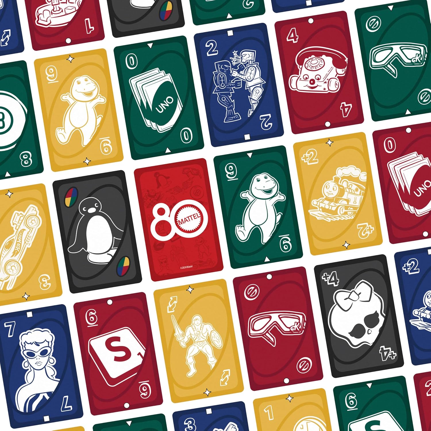 UNO Mattel 80th Anniversary cards featuring classic Mattel brands