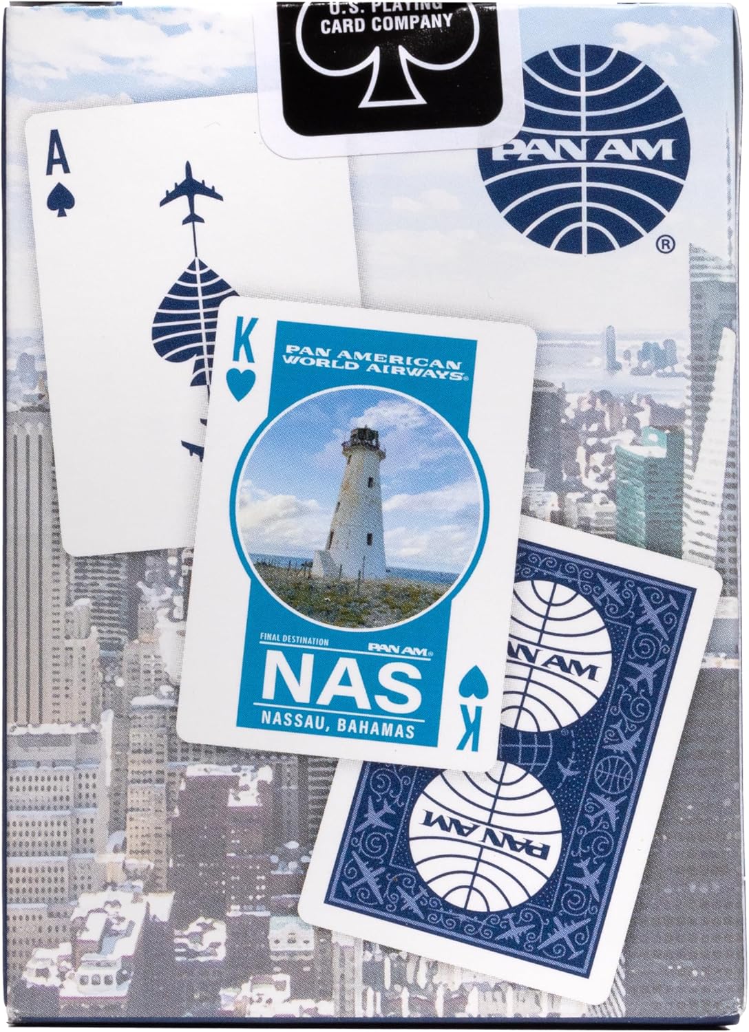 Pan American World Airways playing cards with lighthouse illustration on a cityscape background