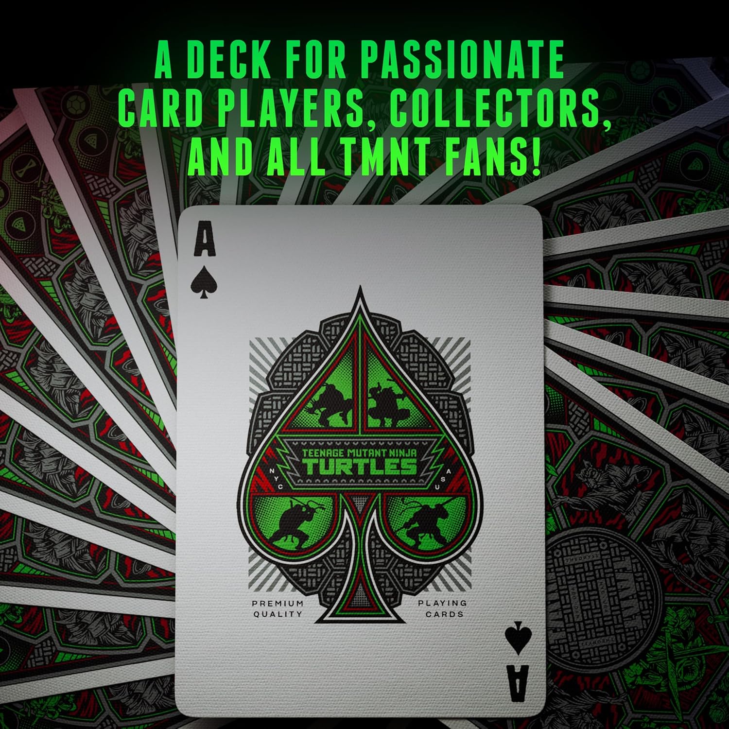 Teenage Mutant Ninja Turtles playing card with Teenage Mutant Ninja Turtles design on a dark background with text about the card set.
