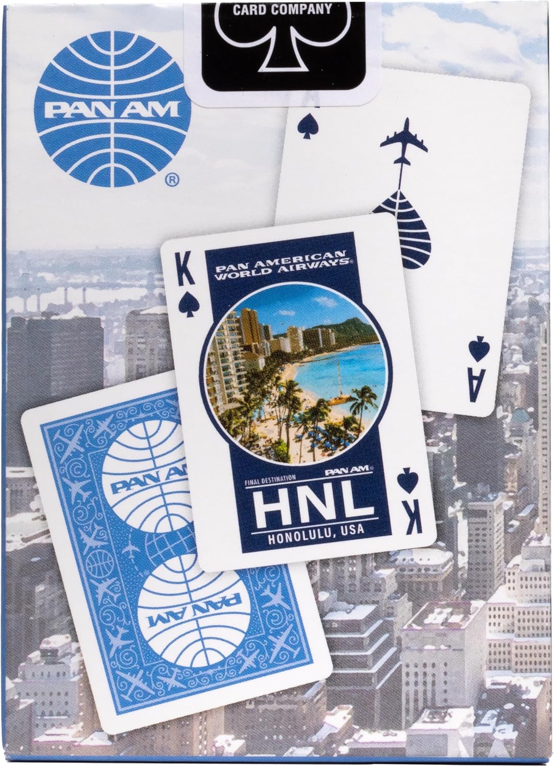 Pan Am playing cards with a cityscape background