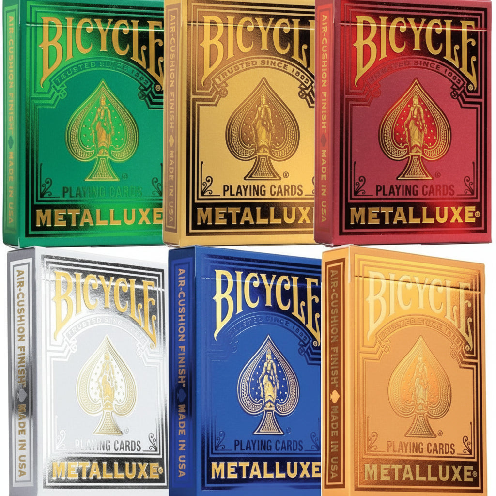 Set of six Bicycle Metalluxe playing card boxes in different colors.