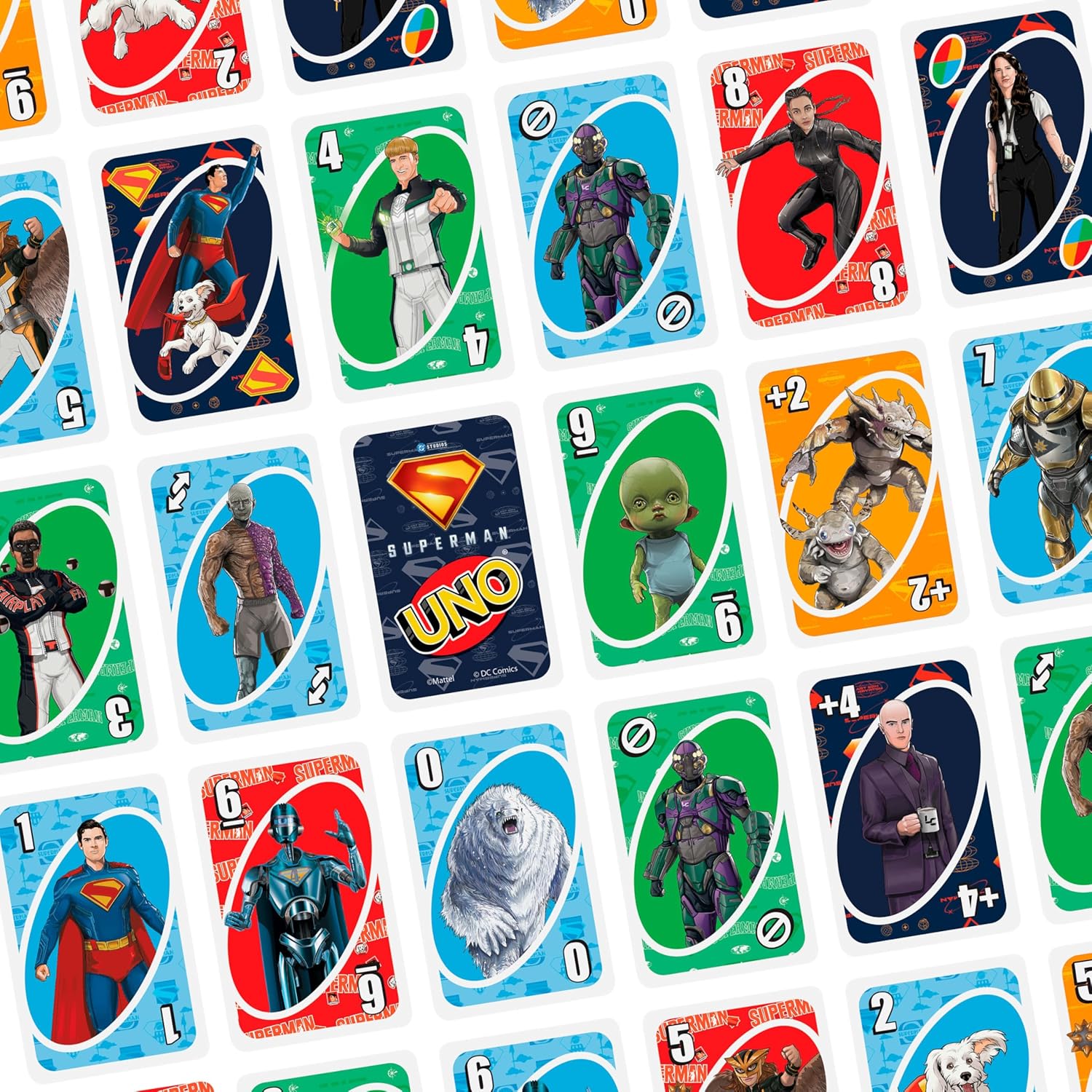 UNO Superman character and action card spread