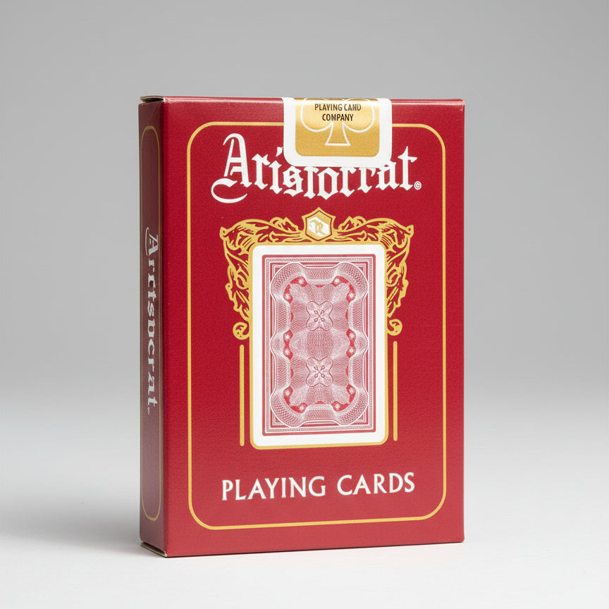 Aristocrat playing cards packaging with red background and gold accents