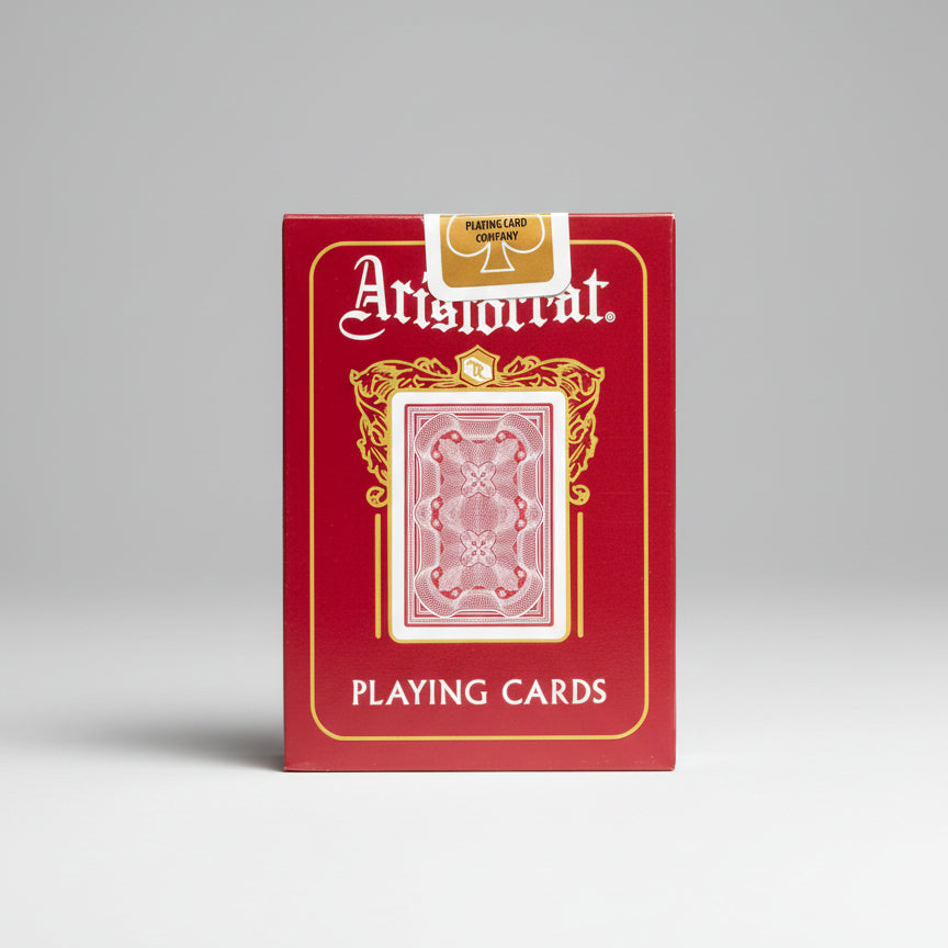 Aristocrat playing cards packaging with red background and gold accents
