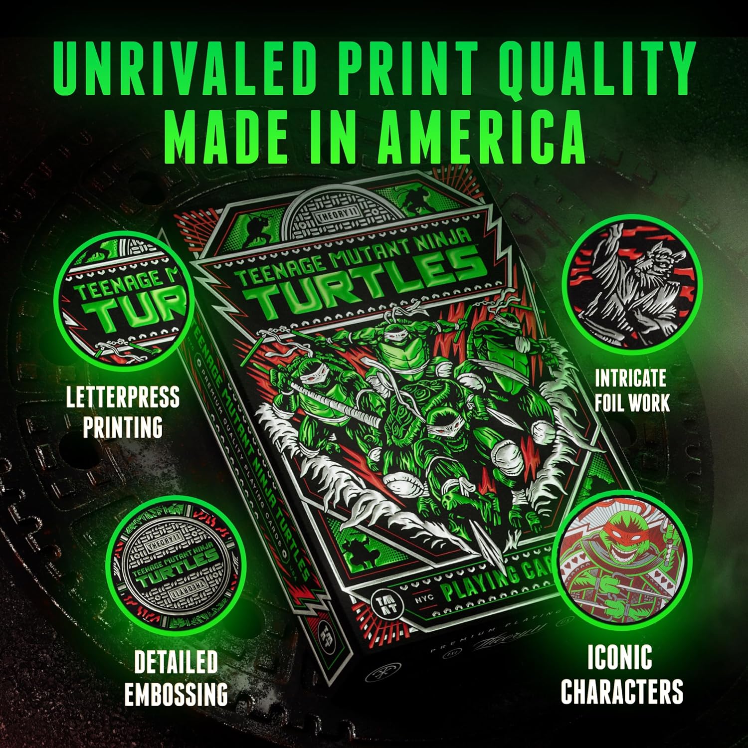 Teenage Mutant Ninja Turtles playing card set with green text and graphics on a dark background