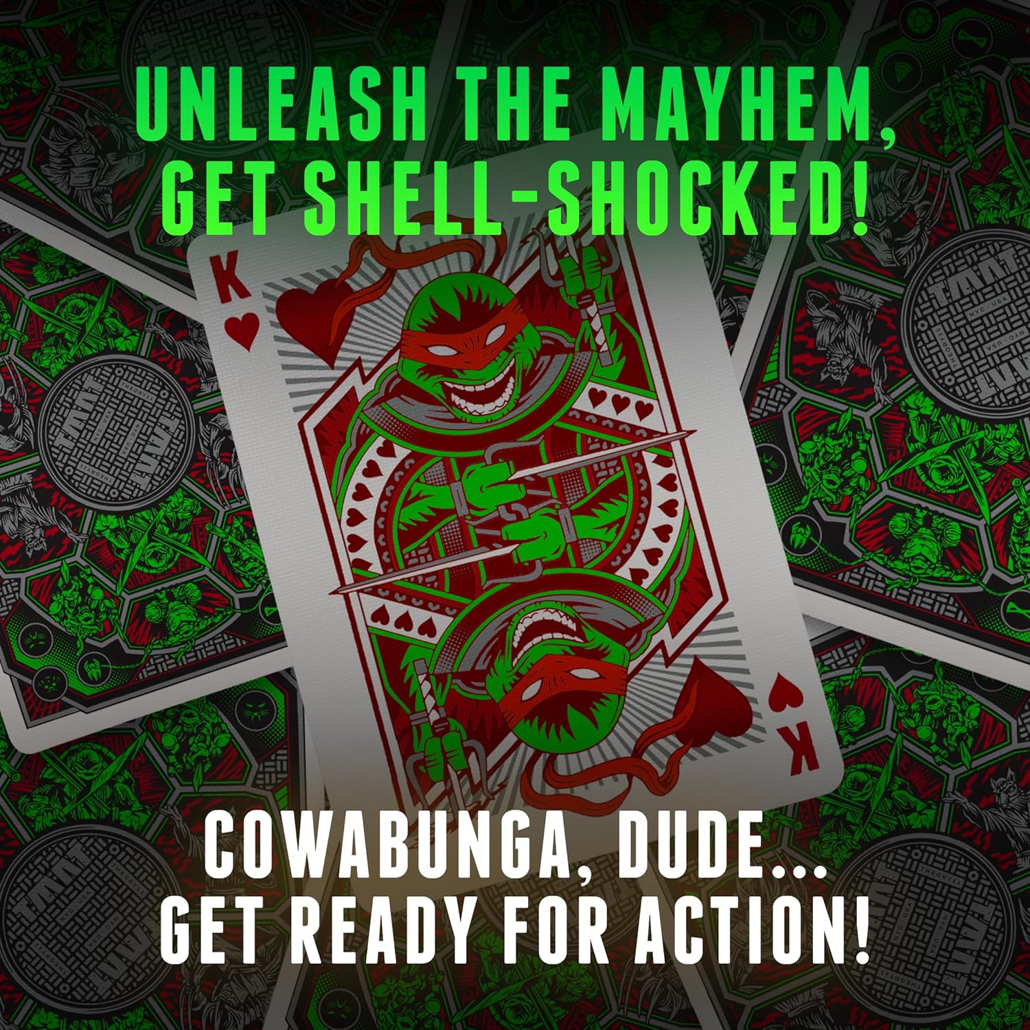 Teenage Mutant Ninja Turtles playing cards with a green and red design on a dark background, featuring text encouraging action.