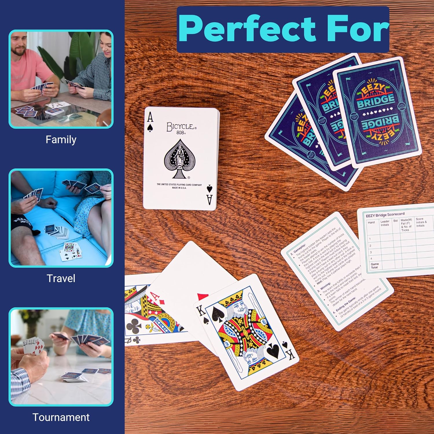 Playing cards on a wooden surface with text indicating suitability for family, travel, and tournament use.