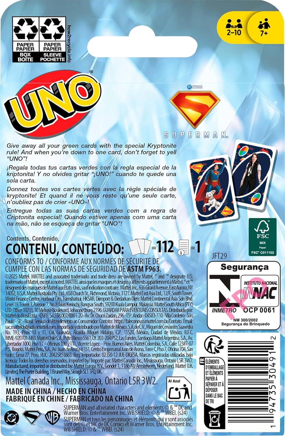 Back of UNO Superman card game package with rules and contents